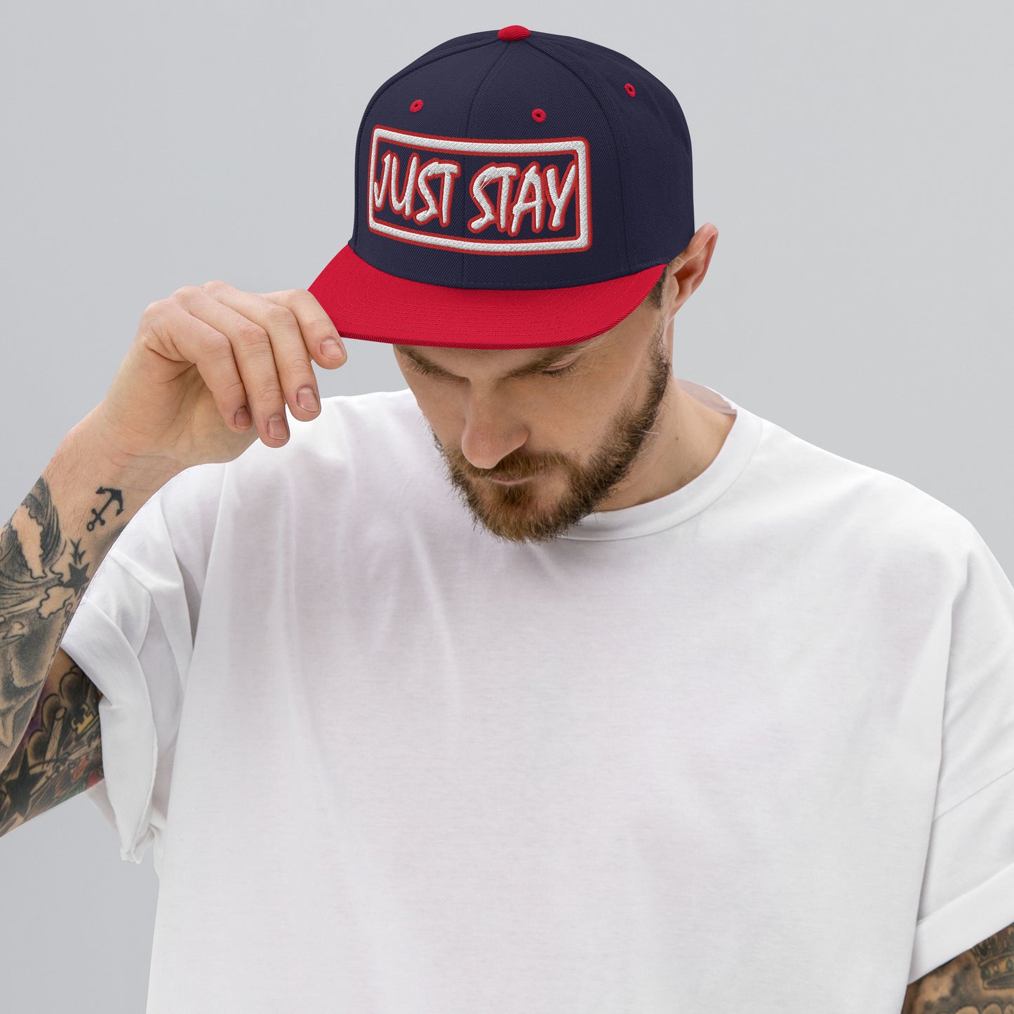 JUST STAY- (Embroidered Red/white) Snapback Hat