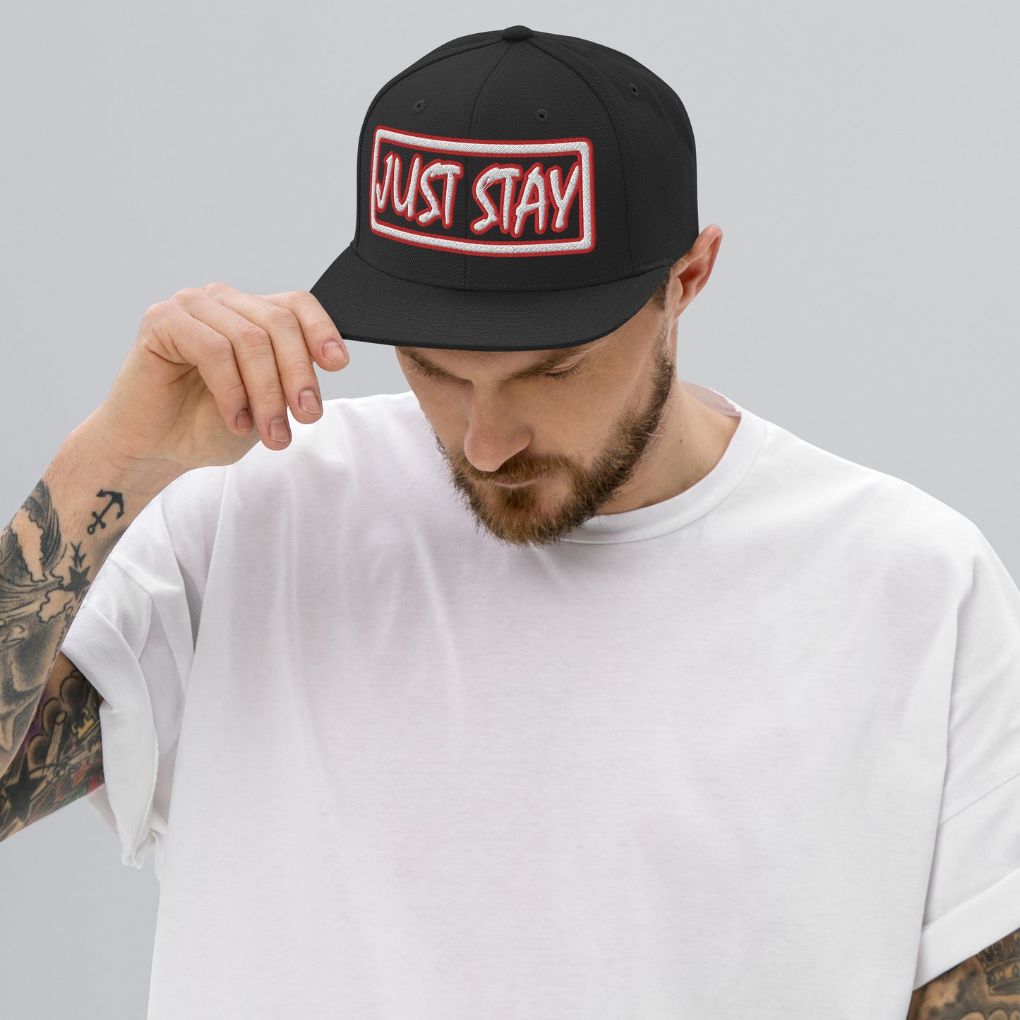 JUST STAY- (Embroidered Red/white) Snapback Hat