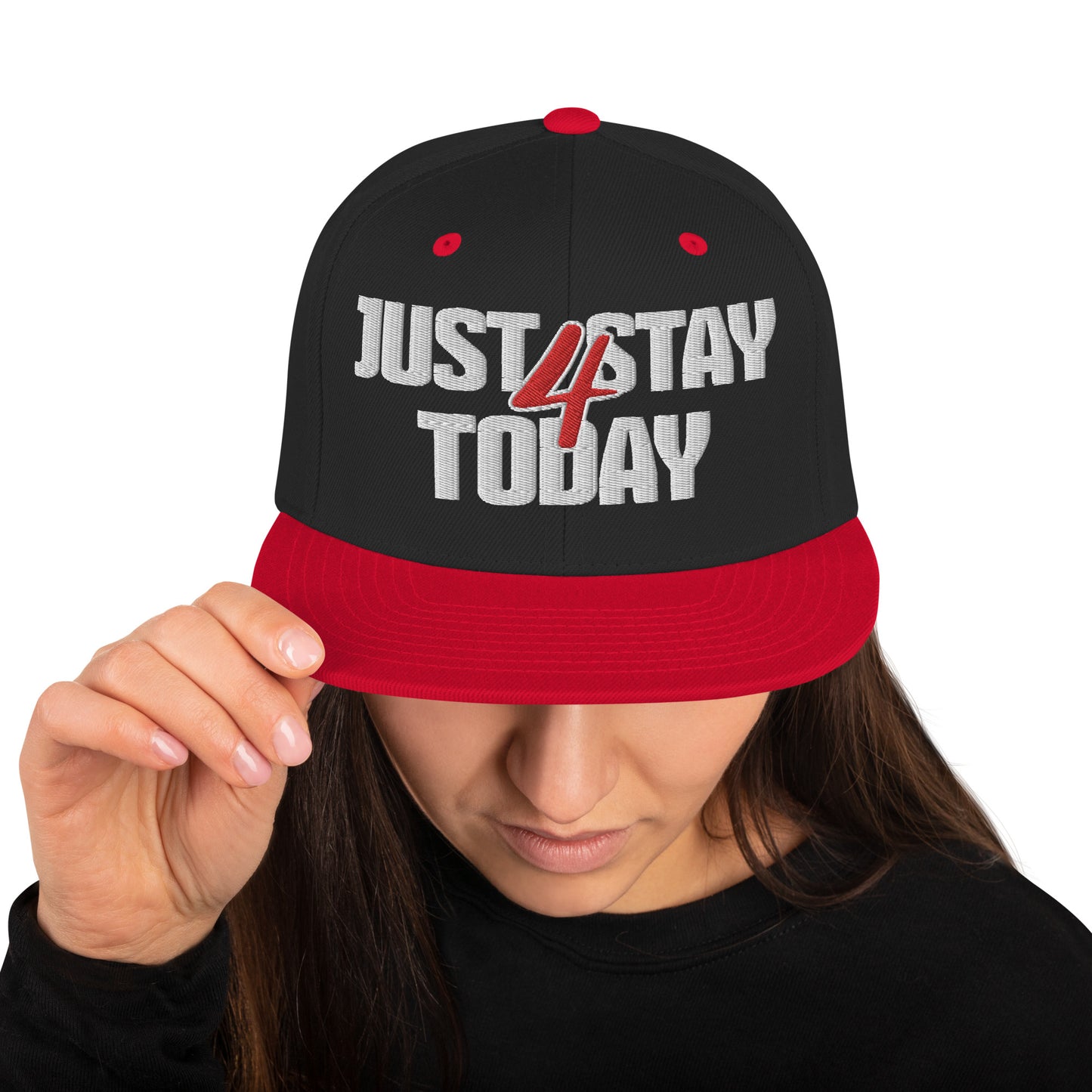 JUST STAY 4 TODAY- (Embroidered White/red) Snapback Hat