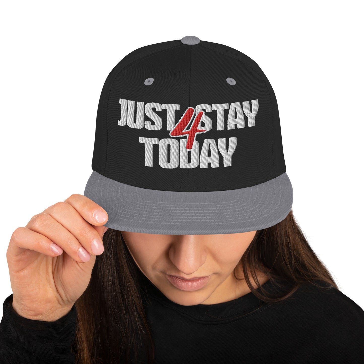 JUST STAY 4 TODAY- (Embroidered White/red) Snapback Hat