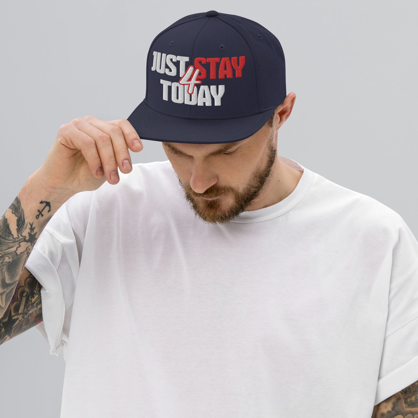 JUST STAY 4 TODAY- (Embroidered White/red) Snapback Hat