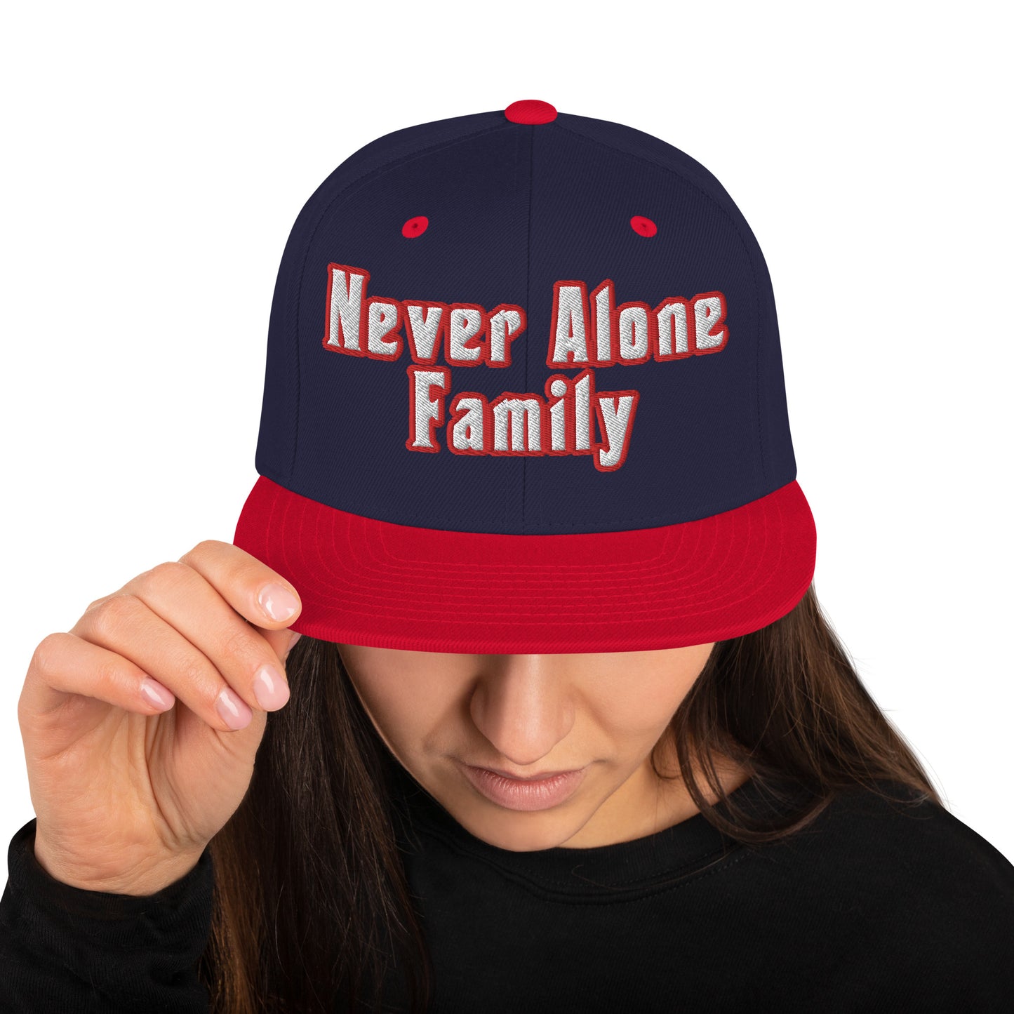 NEVER ALONE FAM- (Embroidered Red/white) Snapback Hat