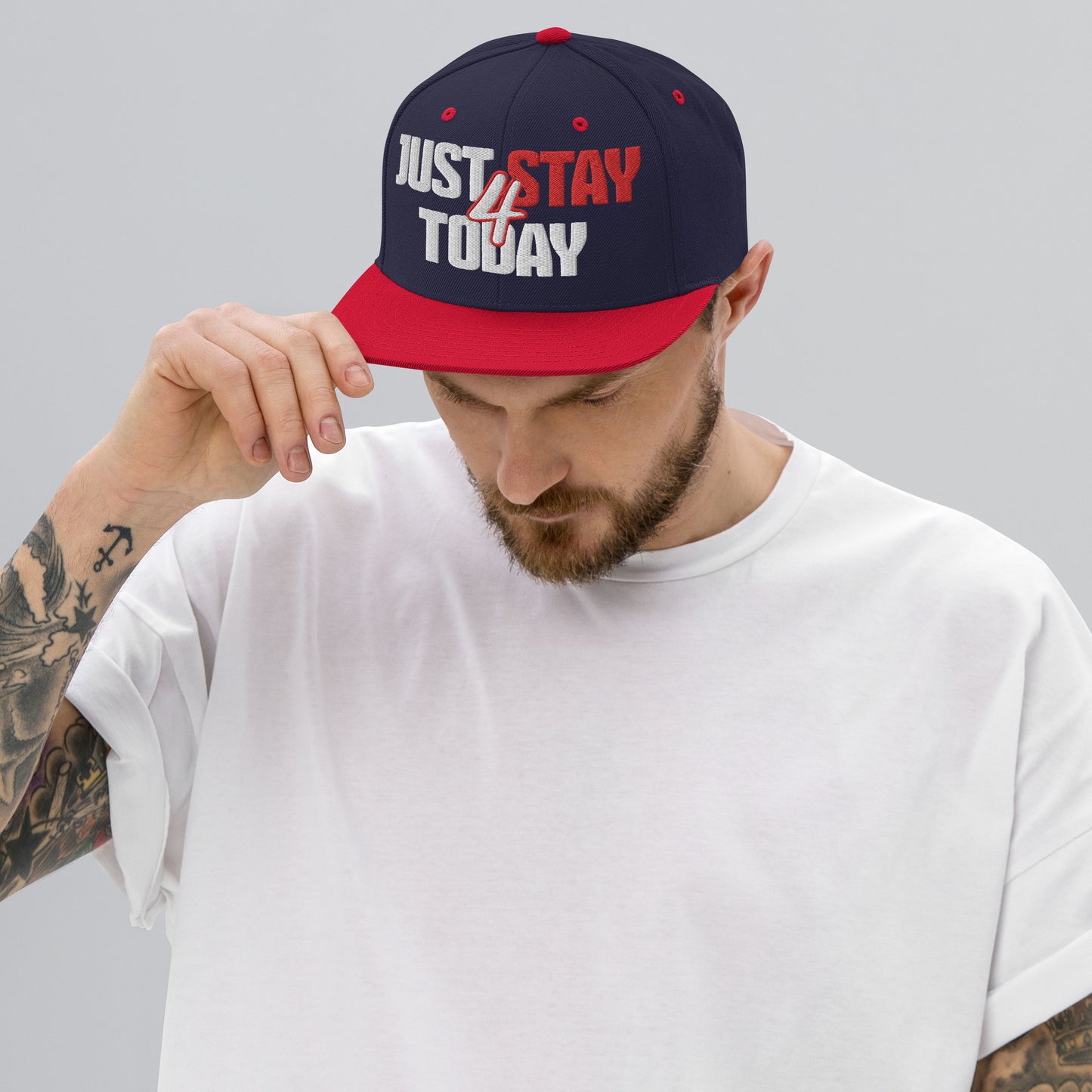 JUST STAY 4 TODAY- (Embroidered White/red) Snapback Hat
