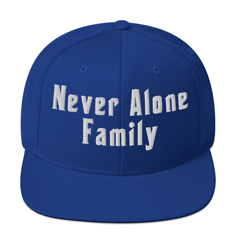 NEVER ALONE FAM (Embroidered white) Snapback Hat