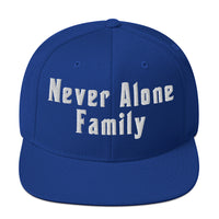 NEVER ALONE FAM (Embroidered white) Snapback Hat