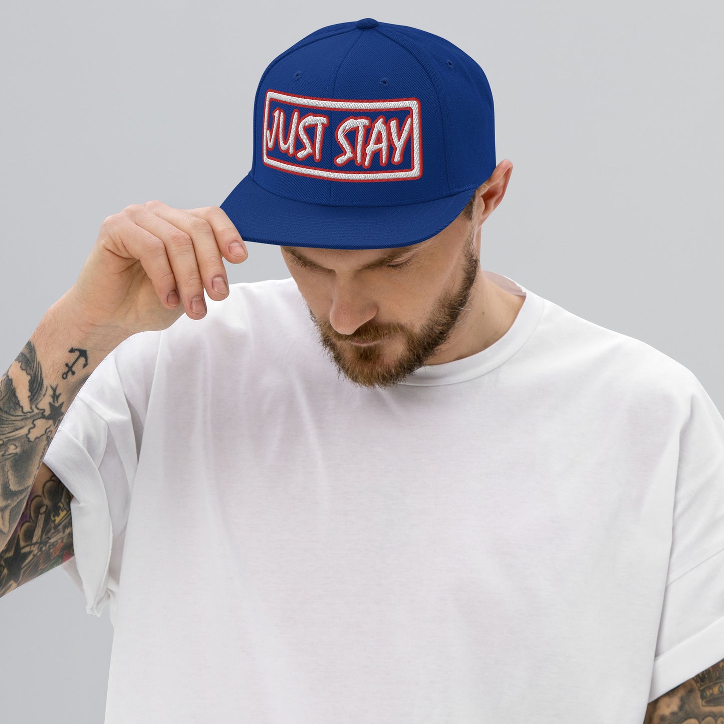 JUST STAY- (Embroidered Red/white) Snapback Hat