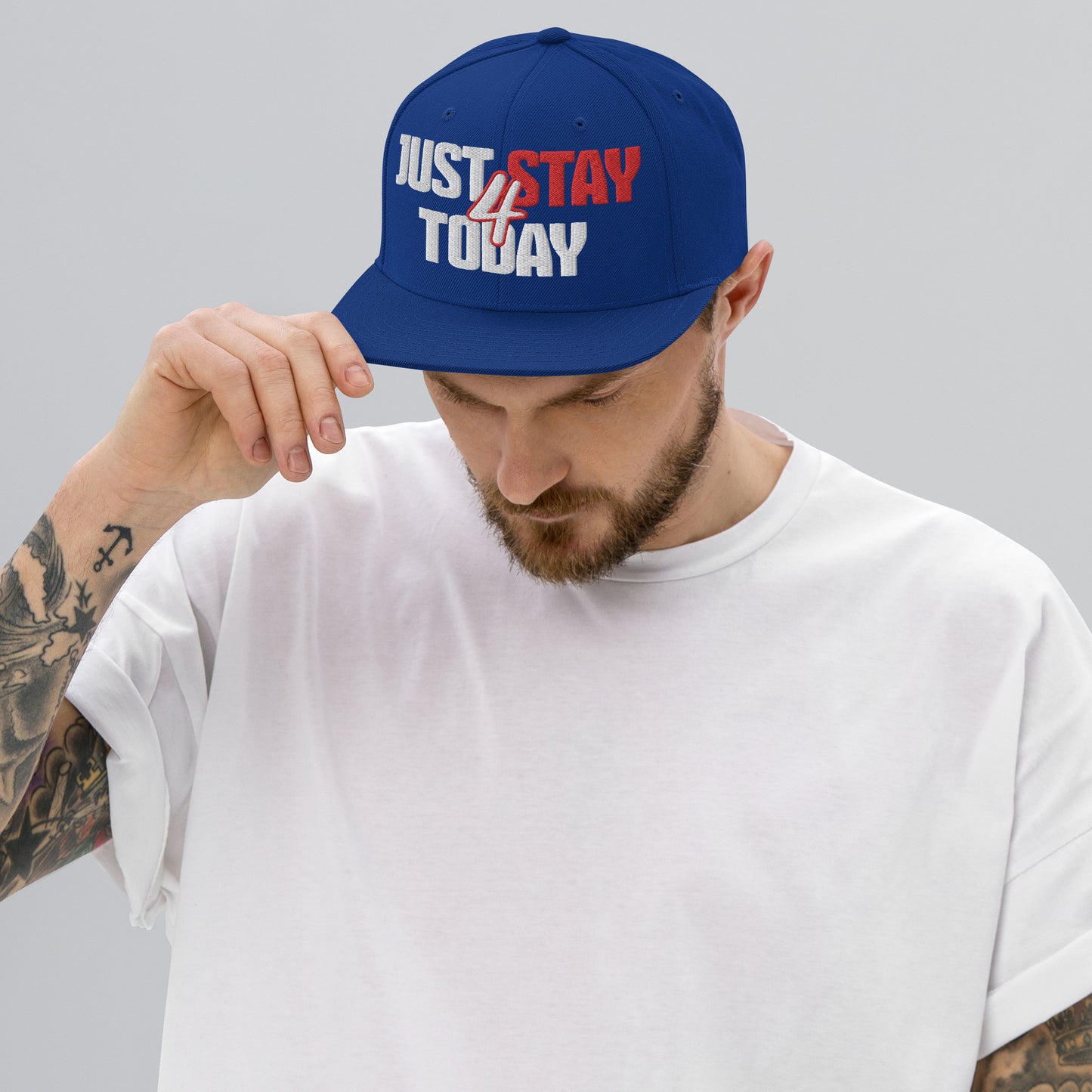 JUST STAY 4 TODAY- (Embroidered White/red) Snapback Hat