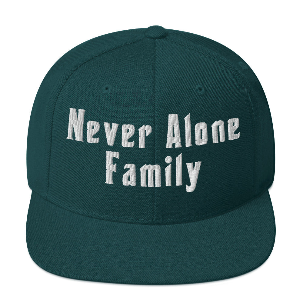 NEVER ALONE FAM (Embroidered white) Snapback Hat