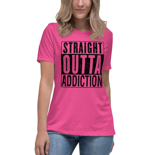 Women's-STRAIGHT OUTTA ADDICTION-(Black print) Bella-Canvas T-Shirt